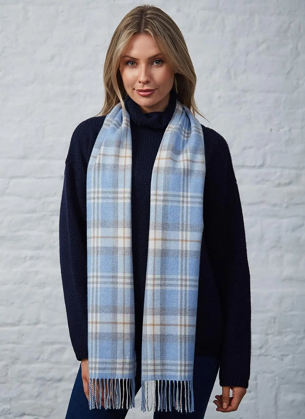 Extra Fine Merino Wool Fringed Check Scarf 